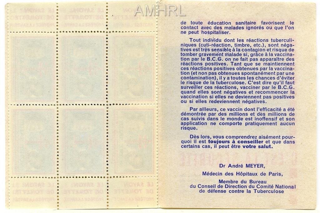 1958-1959 Carnet complet « BCG Notre salut ! » avec 10 timbres